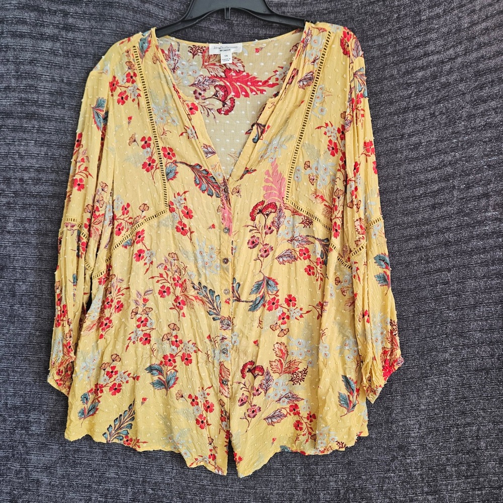John Paul Richard Woman Yellow Floral Clip Dot Button Down Blouse Plus 1X Boho